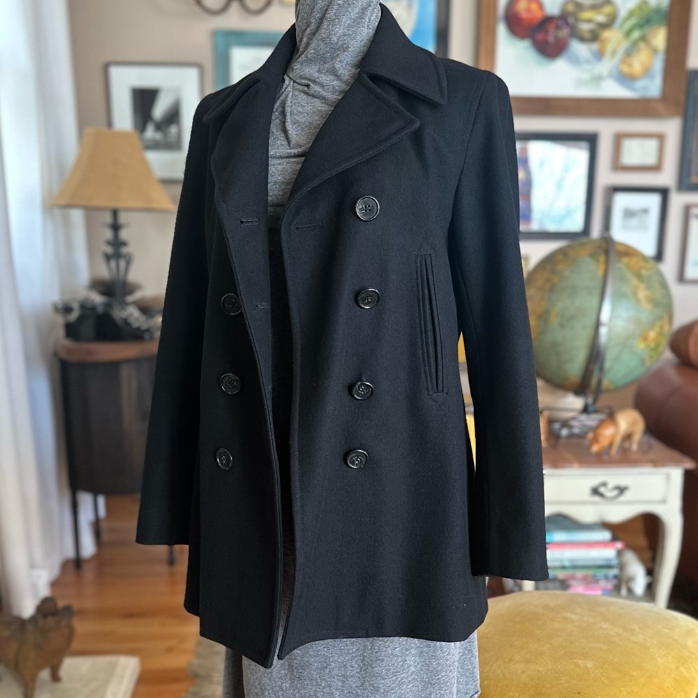 Vintage J. Crew Black Double-Breasted Wool Pea Coat. Medium. Preloved.